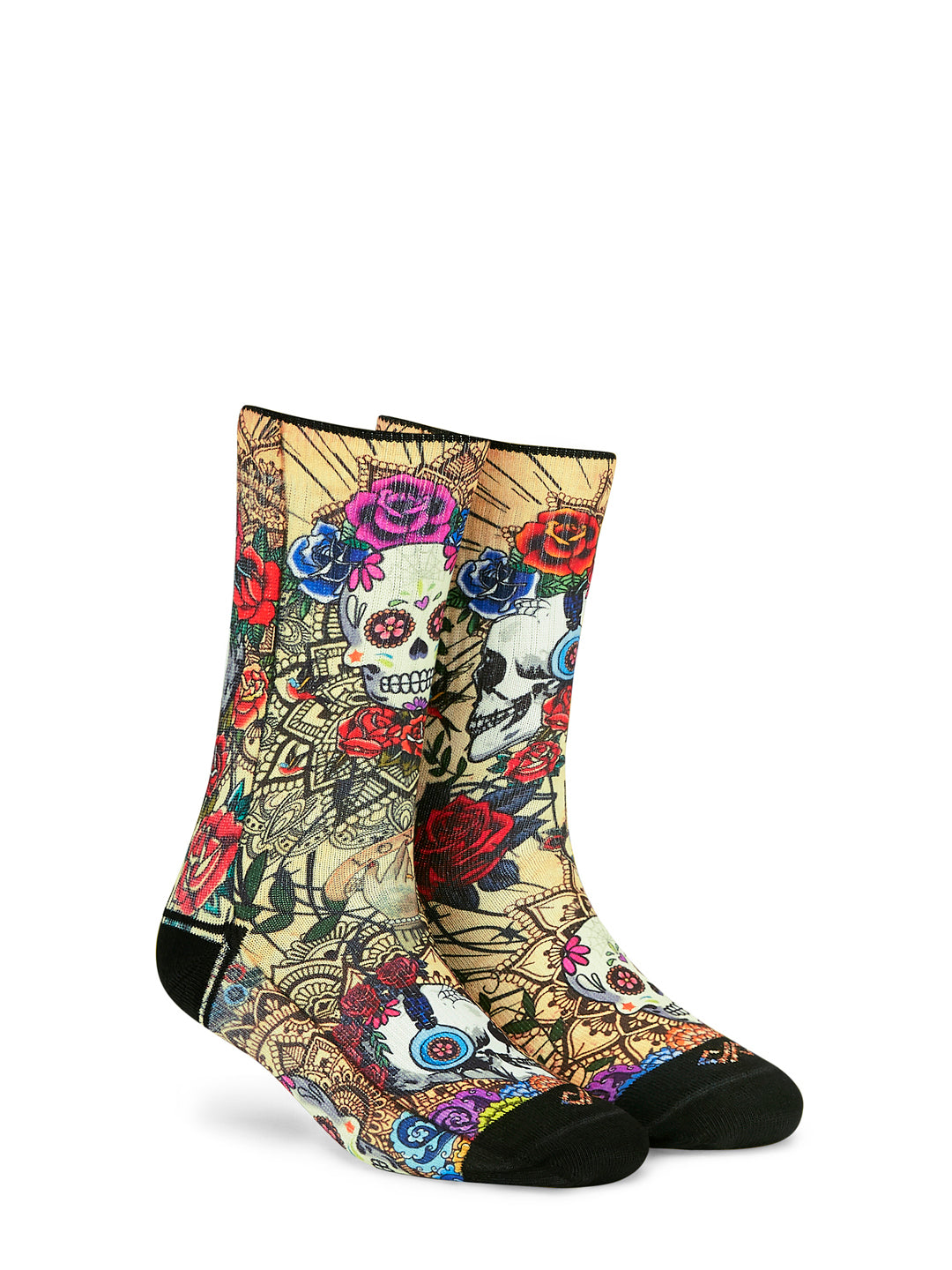 Artistic Crew Length Socks Skulls & Roses - Vibrant Colorful Design Comfortable for Every Day