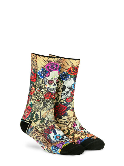 Artistic Crew Length Socks Skulls & Roses - Vibrant Colorful Design Comfortable for Every Day