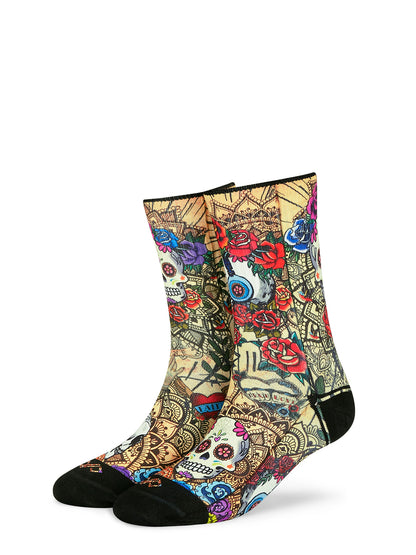 Artistic Crew Length Socks Skulls & Roses - Vibrant Colorful Design Comfortable for Every Day