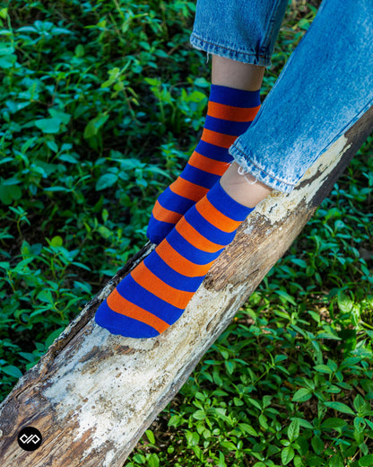 Cotton Ankle Socks: Bold Stripes 4.0 Ankle Length Socks (Orange/Blue)