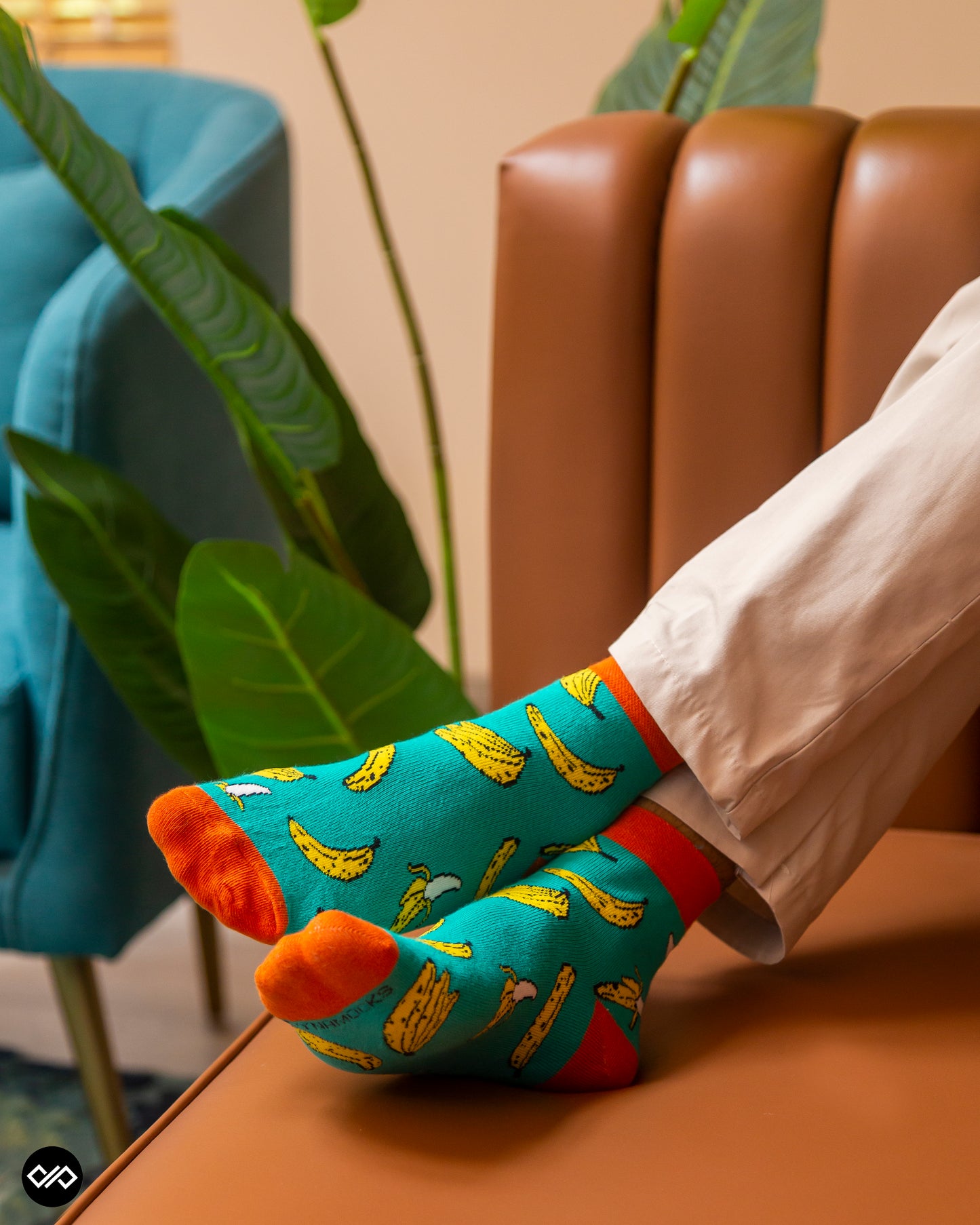 Turquoise & Orange Cotton Ankle Socks: Banana Ankle Length Socks