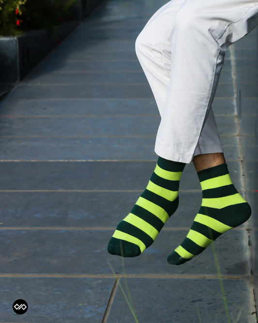 Olive & Neon Green Cotton Ankle Socks: Bold Stripes 1.0 Ankle Length Socks