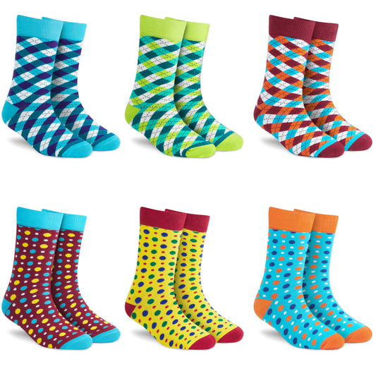 Cotton Crew Socks Combo: Dandy Aqua, D. Neon Green, D. Maroon, Fizzy Maroon, F. Yellow, F. Aqua