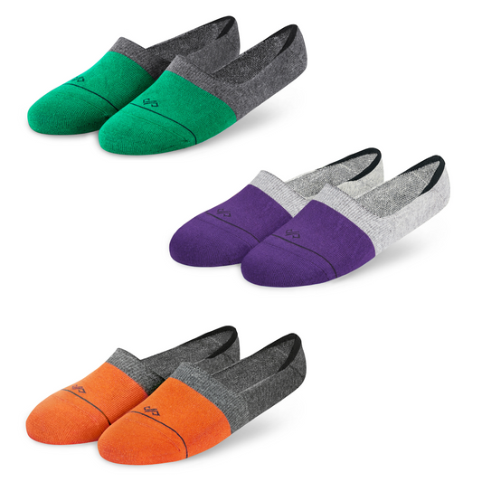 Cotton Invisible Socks (3-Pack): Green/Grey Mix + Purple/Grey Mix + Orange/Grey Mix (DS Unisex)