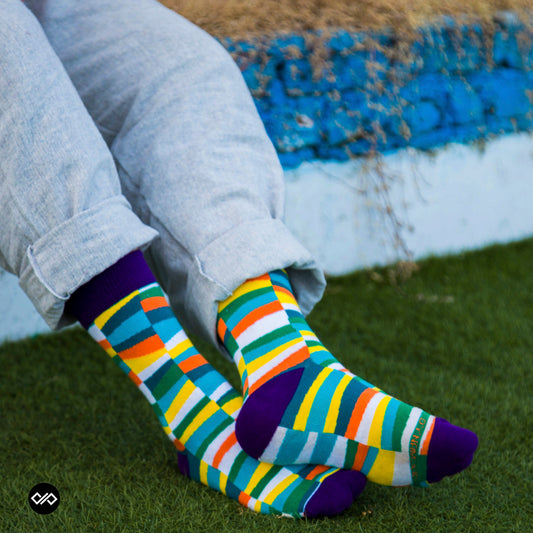 Multicolor Cotton Crew Length Socks: WONKY UNISEX Colorful Premium Socks